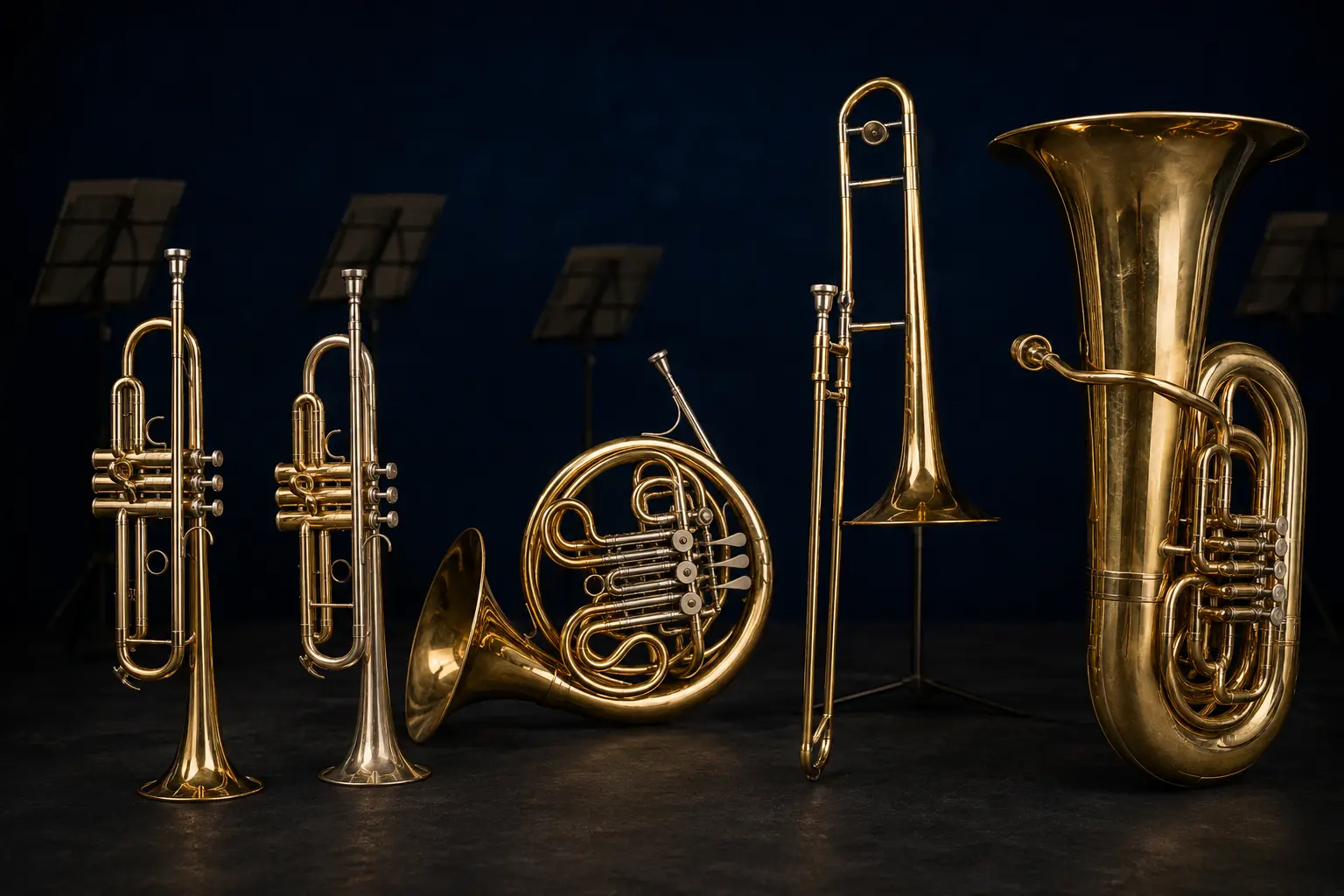 Ilustracja instrumentów kwintetu dętego blaszanego: dwie trąbki, waltornia, puzon i tuba
